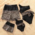 Family Matching Leopard Splice Black Swim Trunks Shorts and One Shoulder Self Tie One-Piece Swimsuit Black image 1