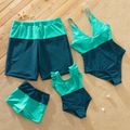 Family Matching Colorblock Swim Trunks Shorts and Spaghetti Strap One-Piece Swimsuit Dark Green