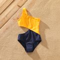Family Matching Colorblock Swim Trunks Shorts and One Shoulder Hollow Out One-Piece Swimsuit Yellow