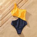 Family Matching Colorblock Swim Trunks Shorts and One Shoulder Hollow Out One-Piece Swimsuit Yellow