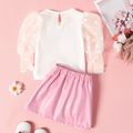 2pcs Polka Dots Print Mesh Puff Long-sleeve White Top and Bow Decor Pink Leather Skirt Toddler Set Pink