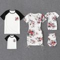 Family Matching Floral Print Short-sleeve Ruched Drawstring Bodycon Dresses and Raglan-sleeve T-shirts Sets White