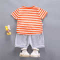 2pcs Toddler Boy Casual Dinosaur Embroidered Stripe Tee & Shorts Set Orange