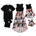 Family Matching Black Splicing Floral Print Irregular Hem Sleeveless Dresses and Short-sleeve T-shirts Sets Black