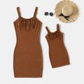 Coffee Waffle Knit Frill Spaghetti Strap Ruched Bodycon Dress for Mom and Me Coffee