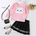 2-piece Kid Girl Animal Bear Print Pink Long-sleeve Top and Mesh Design Black Skirt Set Pink
