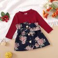 2pcs Baby Girl Solid Ribbed Long-sleeve Romper and Floral Print Belted Denim Skirt Set Burgundy