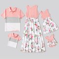 Family Matching Pink Sleeveless Splicing Floral Print Midi Dresses and Colorblock Short-sleeve Polo Shirts Sets Pink image 1