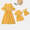 Yellow Hollow Out Embroidered Ruffle Flared Sleeve Dress for Mom and Me TenderYellow image 1