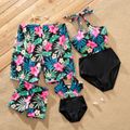 Family Matching Allover Floral Print Swim Trunks Shorts and Halter Neck Splicing One-Piece Swimsuit BlackandWhite