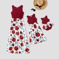 Solid Splicing Red Floral Print Sleeveless Dress for Mom and Me Red