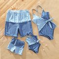 Family Matching Colorblock Swim Trunks Shorts and Spaghetti Strap One-Piece Swimsuit Light Blue