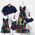 Family Matching Floral Print V Neck Spaghetti Strap Midi Dresses and Colorblock Short-sleeve T-shirts Sets Multi-color