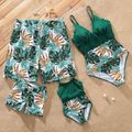 Family Matching Allover Plants Print Swim Trunks Shorts and V Neck Spaghetti Strap Splicing One-Piece Swimsuit Dark Green image 1