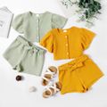 2-piece Kid Girl Basic Solid Color Button Design Short-sleeve Tee and Belted Shorts Set Light Green