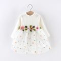 Baby Girl White Ribbed Long-sleeve Splicing Floral Embroidered Mesh Dress White image 1