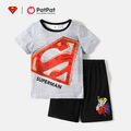 Superman 2-piece Kid Boy Letter Print Tee and Elasticized Black Shorts Set flowergrey
