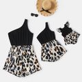 Black Ribbed One Shoulder Sleeveless Splicing Leopard Romper for Mom and Me BlackandWhite