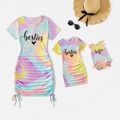 Letter Print Tie Dye Short-sleeve Drawstring Ruched Bodycon Dress for Mom and Me Colorful image 1