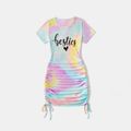 Letter Print Tie Dye Short-sleeve Drawstring Ruched Bodycon Dress for Mom and Me Colorful image 5