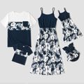 Family Matching Dark Blue Spaghetti Strap Splicing Floral Print Dresses and Colorblock Short-sleeve T-shirts Sets Deep Blue image 1