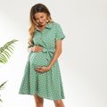 Nursing Polka Dots Print Belted Half Button Shirt Dress Mint Green