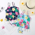 Kid Girl Floral Print Ruffled Mesh Design Onepiece Cami Swimsuit OffWhite image 2