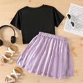 2pcs Kid Girl Letter Print Short-sleeve Black Tee and Glitter Metallic Skirt Set Black/White image 2