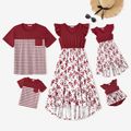 Family Matching Solid and Floral Print Splicing Flutter-sleeve Irregular Hem Dresses and Striped Short-sleeve T-shirts Sets WineRed