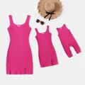 100% Cotton Ribbed Hot Pink U Neck Sleeveless Split Bodycon Dress for Mom and Me Hot Pink