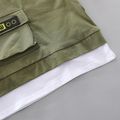 2pcs Toddler Boy Trendy 100% Cotton Letter Print Faux-two Pocket Design Tee and Shorts Set Army green image 3