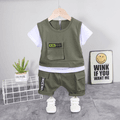 2pcs Toddler Boy Trendy 100% Cotton Letter Print Faux-two Pocket Design Tee and Shorts Set Army green