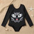 Toddler Girl Animal Print Ruffled Long-sleeve Black Onepiece Swimsuit Black image 1