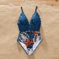 Family Matching Solid Splicing Palm Leaf Print Spaghetti Strap One-Piece Swimsuit and Swim Trunks Shorts Blue image 3