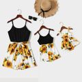 Solid and Sunflower Floral Print Splicing Spaghetti Strap Romper for Mom and Me BlackandWhite image 1