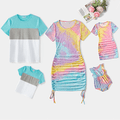 Family Matching Hollow Out Tie Dye Short-sleeve Drawstring Ruched Bodycon Dresses and Colorblock T-shirts Sets ColorBlock image 1