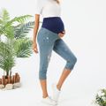Maternity Ripped Raw Trim Elasticity Capris Jeans BLUE