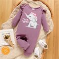 Baby Girl 95% Cotton Ruffle Long-sleeve Cartoon Elephant and Letter Print Jumpsuit Lavender