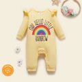 Baby Girl 95% Cotton Ruffle Long-sleeve Rainbow and Letter Print Jumpsuit Pale Yellow