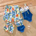 Family Matching All Over Tropical Plant Print Splicing One-Piece Swimsuit and Swim Trunks Shorts Blue