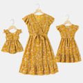 All Over Floral Print Yellow V Neck Ruffle-sleeve Belted Dress for Mom and Me Yellow image 1