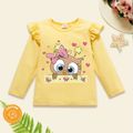 Toddler Girl Graphic Owl and Heart-shaped Print Ruffled Long-sleeve Tee Pale Yellow
