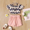2pcs Baby Girl 100% Cotton Belted Shorts and Chevron Print Puff-sleeve Cami Top Set Pink image 2