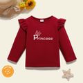 Toddler Girl Graphic Letter and Crown Print Ruffled Long-sleeve Tee Burgundy