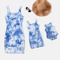 100% Cotton Blue Tie Dye Ribbed Notch Neck Bodycon Tank Dress for Mom and Me Blue