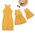 Yellow Hollow Out Lace Sleeveless Bodycon Dress for Mom and Me Yellow