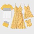 Family Matching Yellow Floral Print Surplice Neck Ruffle Trim Wrap Cami Dresses and Colorblock Short-sleeve T-shirts Sets Yellow image 1