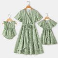 Allover Floral Print Surplice Neck Short-sleeve Belted Ruffle Trim Wrap Dress for Mom and Me Green