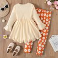 2pcs Kid Girl Bowknot Design Ruffled Long-sleeve Tee and Floral/Butterfly Print Leggings Set Apricot