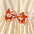 2pcs Kid Girl Bowknot Design Ruffled High Low Tee (100% Cotton) and Floral Print Leggings Set Apricot